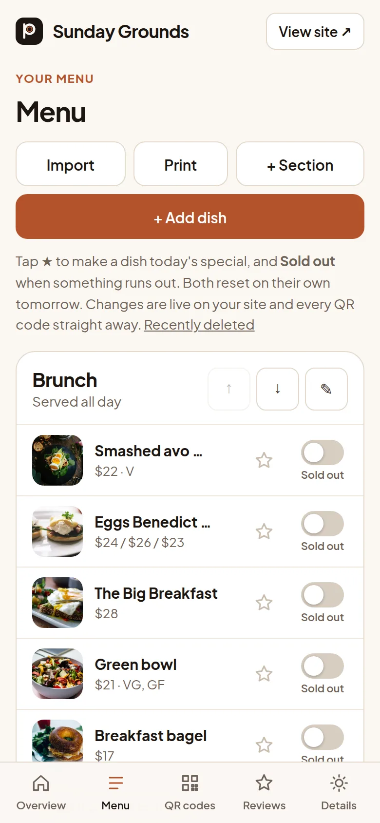 The menu editor on a phone, with a sold out switch next to each dish