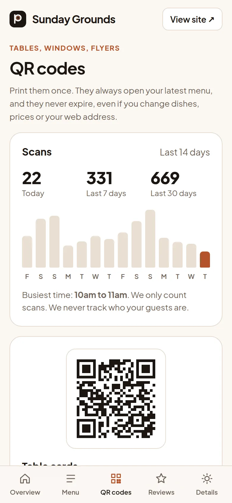 QR code page with scan statistics and print buttons