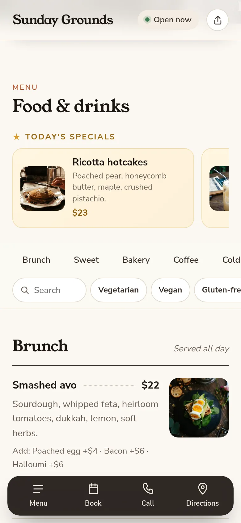 A restaurant menu on a phone with photos, prices, sizes and allergens
